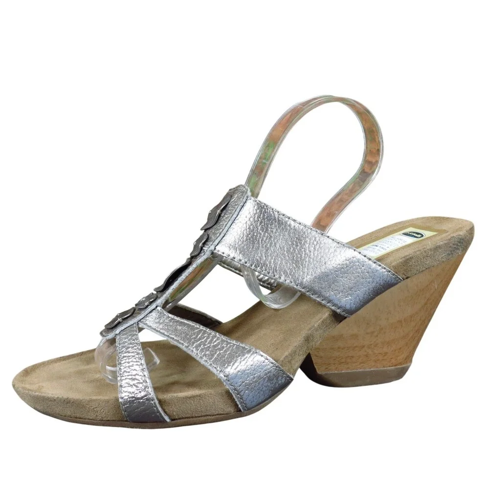 Dr. Scholl's Happening Women Sandal Size 10 Casual Dress‎ Silver Leather Wedge